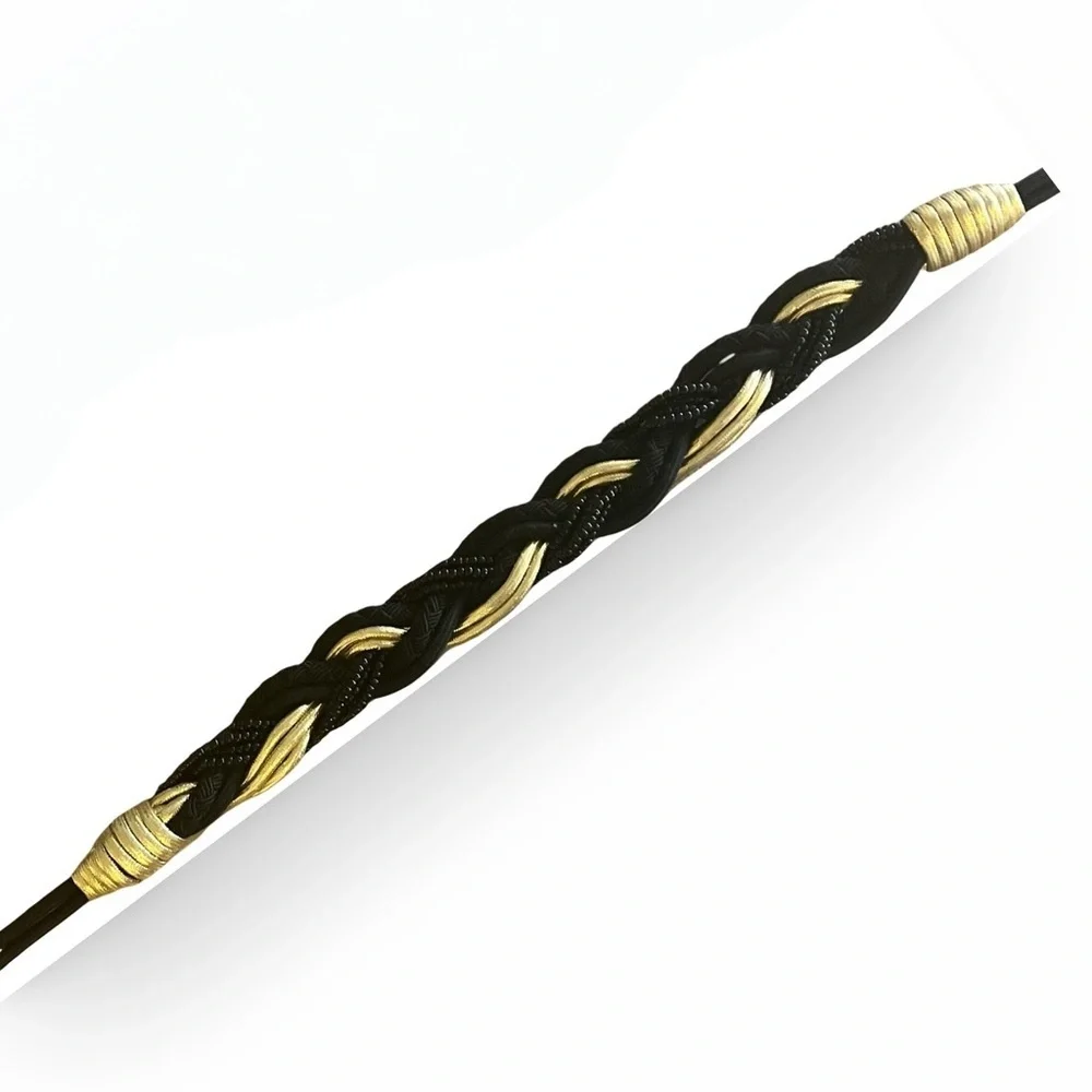 Vintage 70s Black Gold Braided Bead, Lamè Cord Belt with Brass Cinch Buckle 31”
